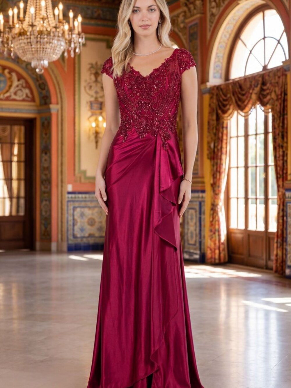 NEW WINE Satin & Lace Illusion Neckline Evening Gown With Slit 8513M